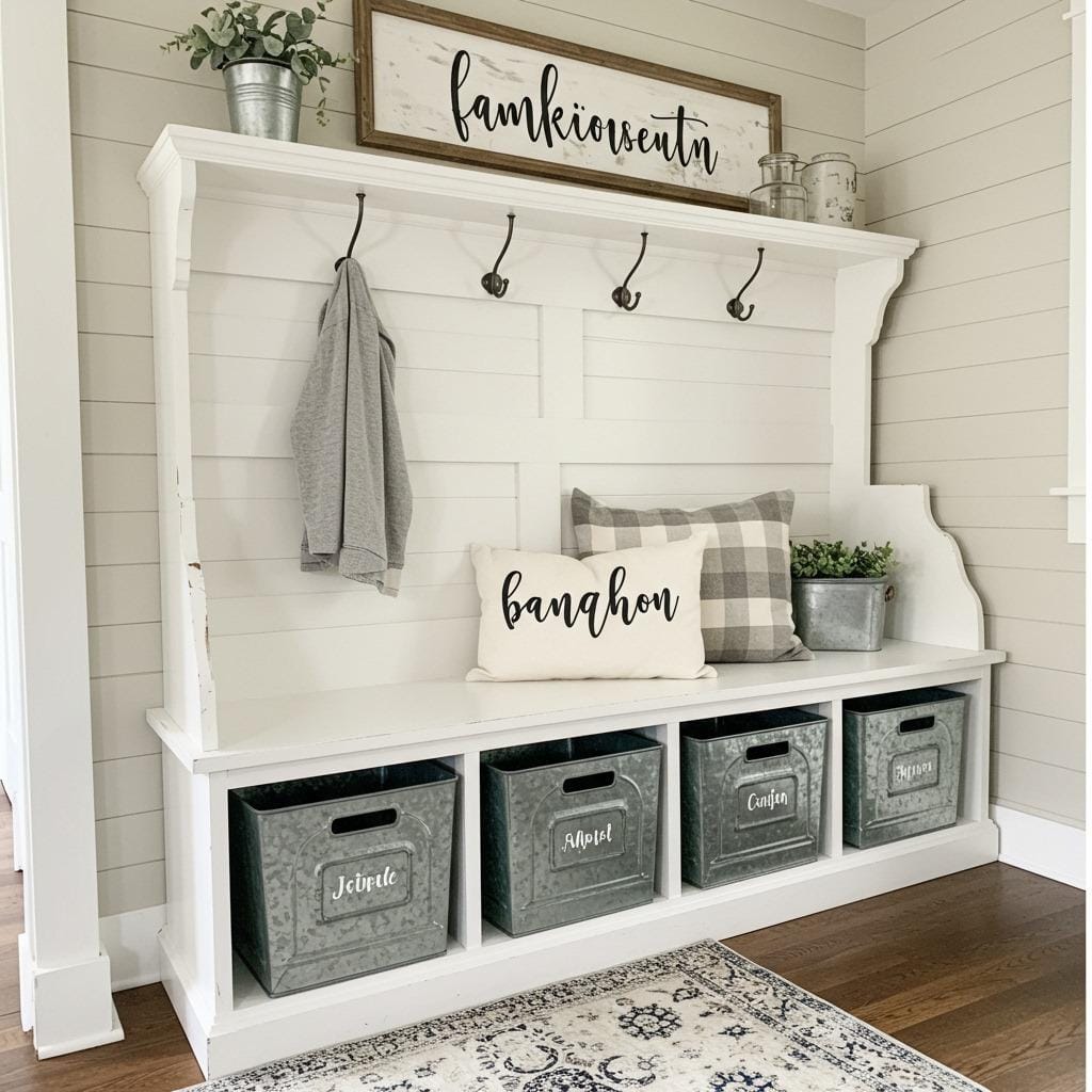 Farmhouse-Style Bench with Galvanized Metal Bins