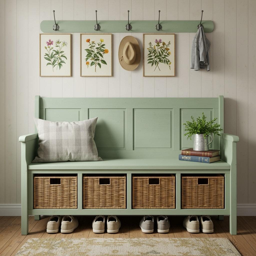 Vintage-Style Bench with Wicker Baskets