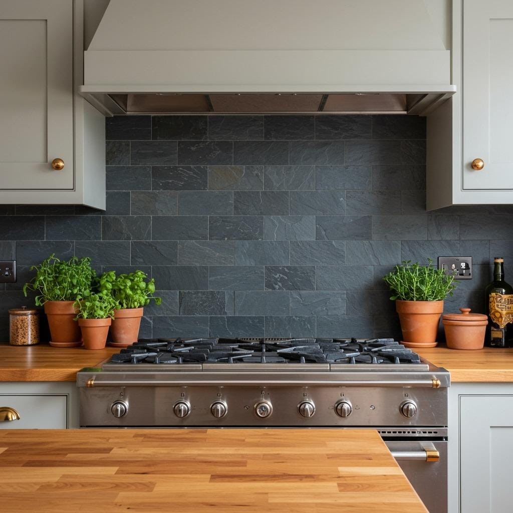 Butcher Block Counters with Slate Backsplash