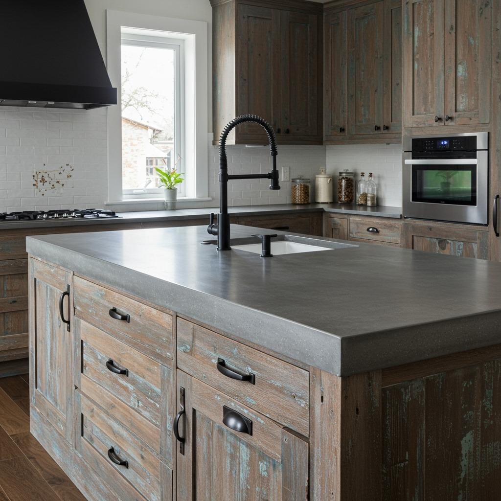 Concrete Counters with Reclaimed Barn Wood Cabinets