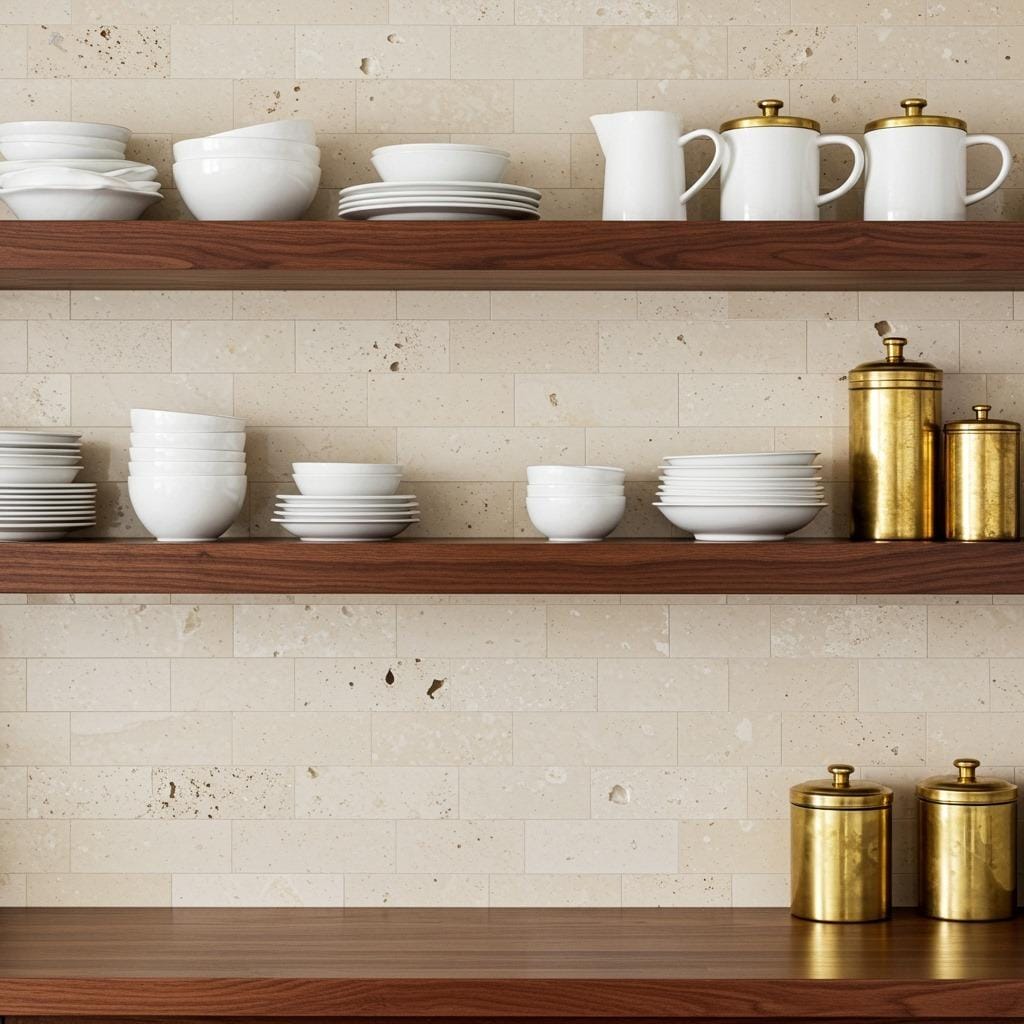 Limestone Backsplash with Walnut Floating Shelves