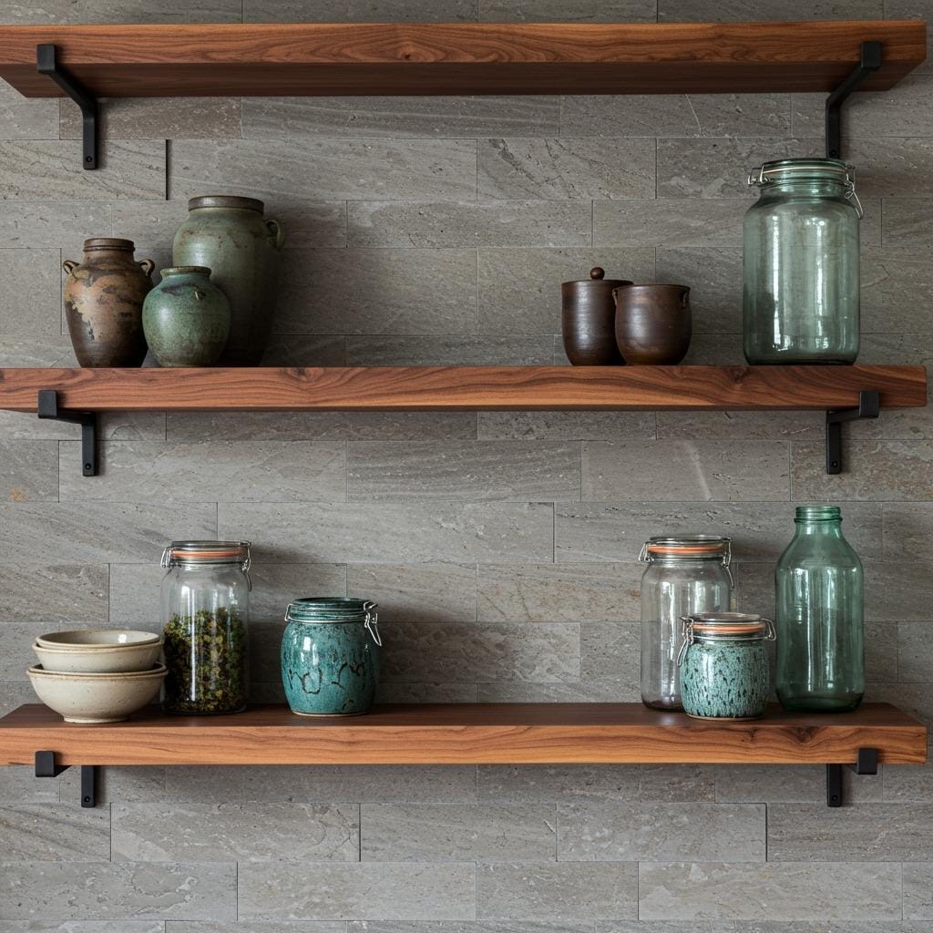 Live Edge Wood Shelving Against Stone Walls