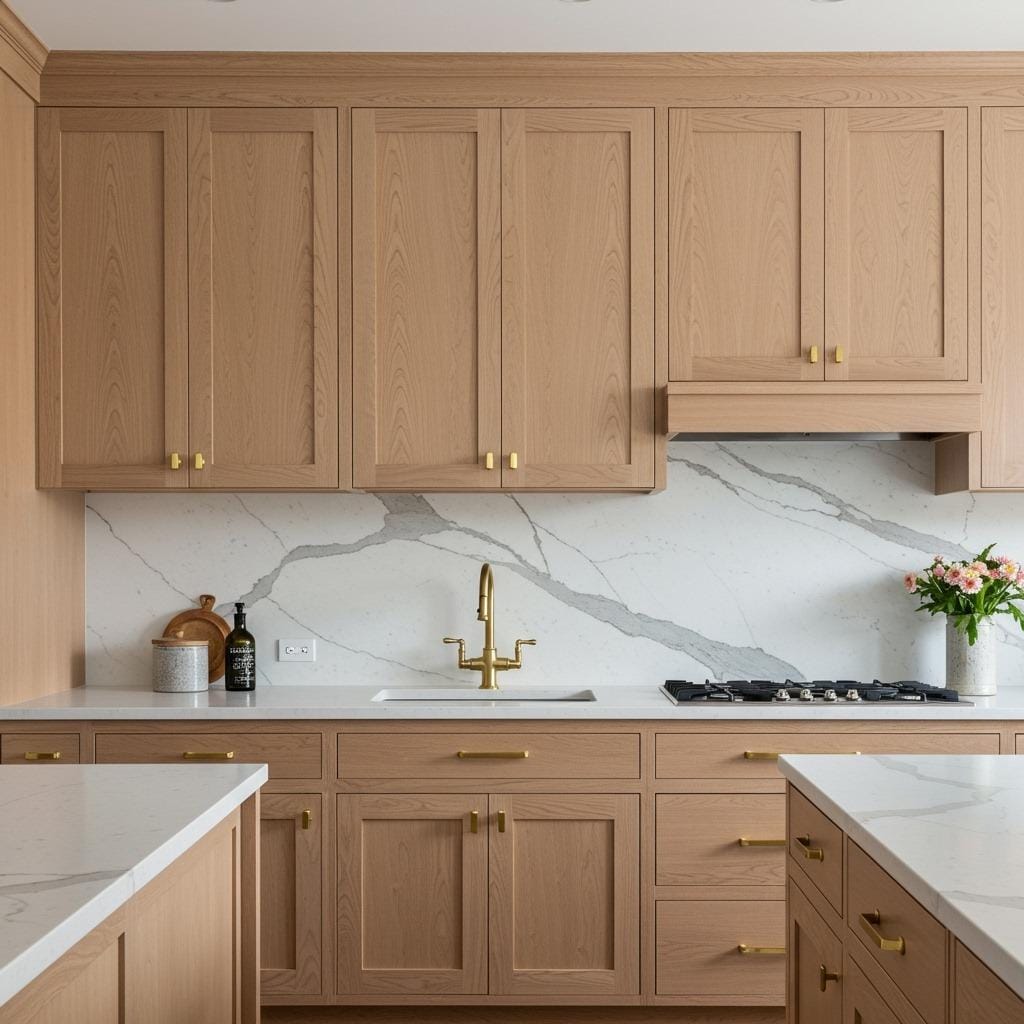 Marble Backsplash with Mixed Wood Cabinets