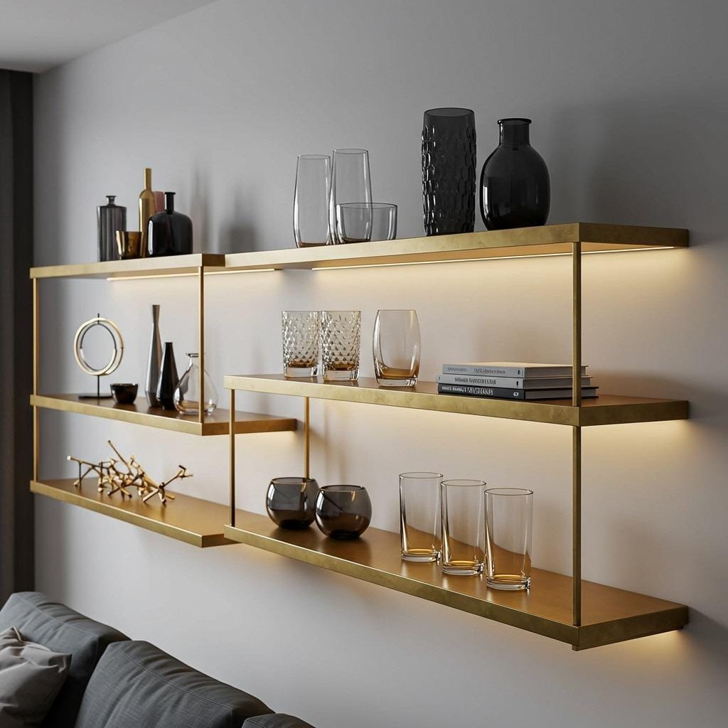 Metallic Floating Shelves with LED Strip Lighting
