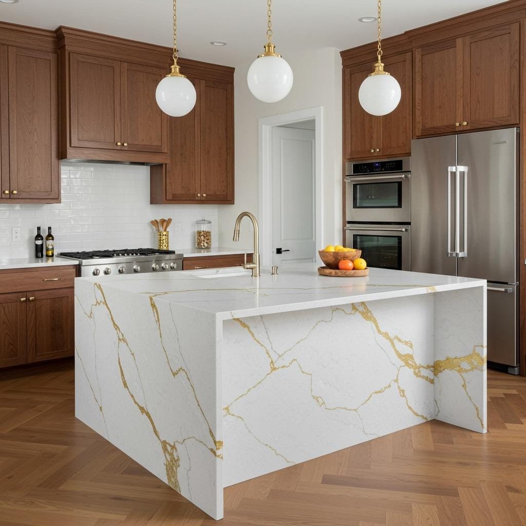 Quartzite Waterfall Island with Wood Cabinetry