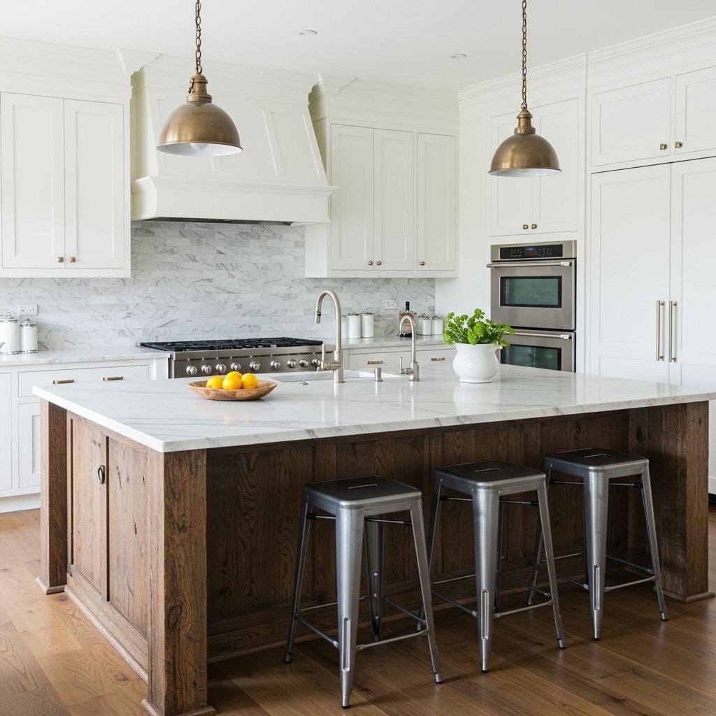 Reclaimed Wood Island with Marble Countertops