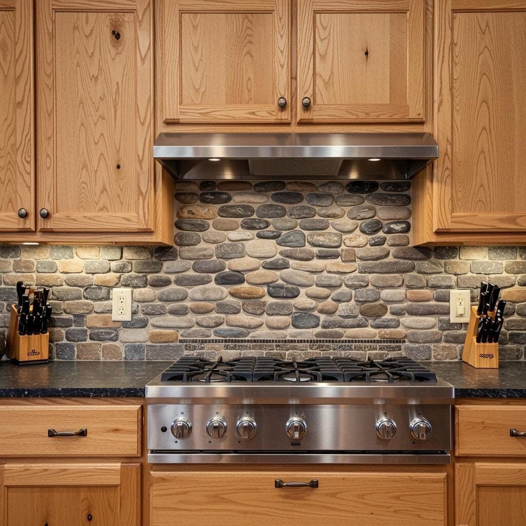 River Rock Accent Wall with Pine Cabinetry