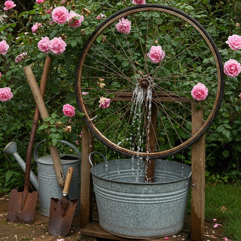 Salvaged Bicycle Wheel Fountain