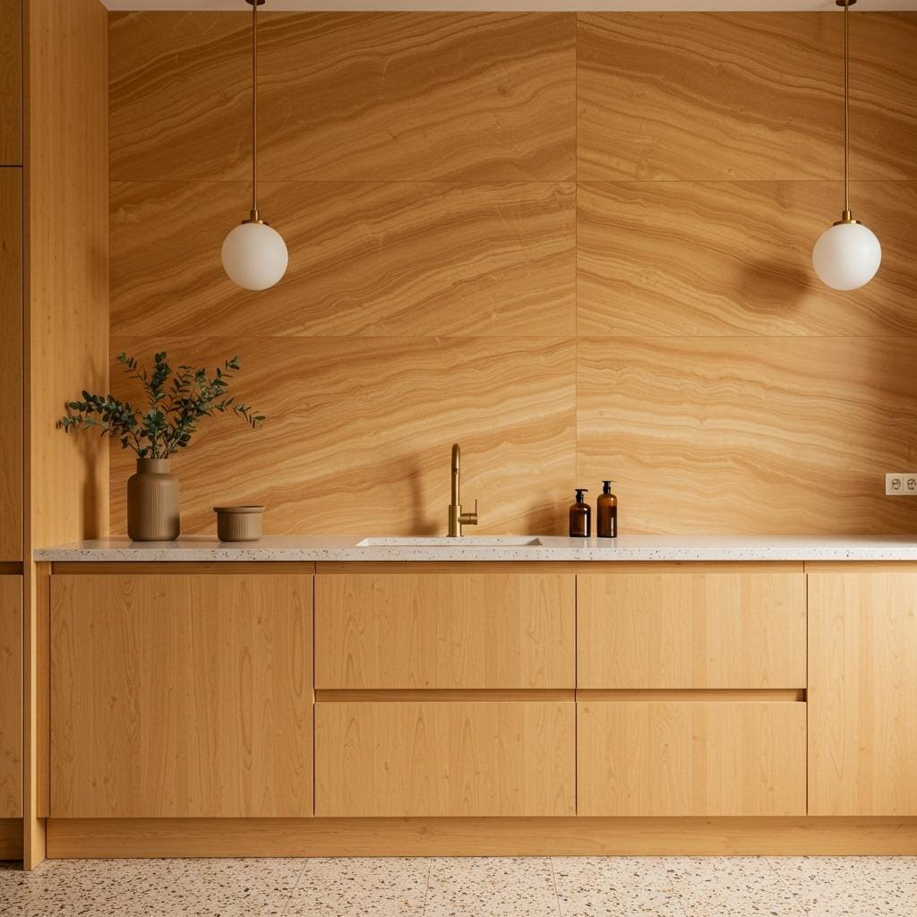 Sandstone Walls with Bamboo Cabinetry