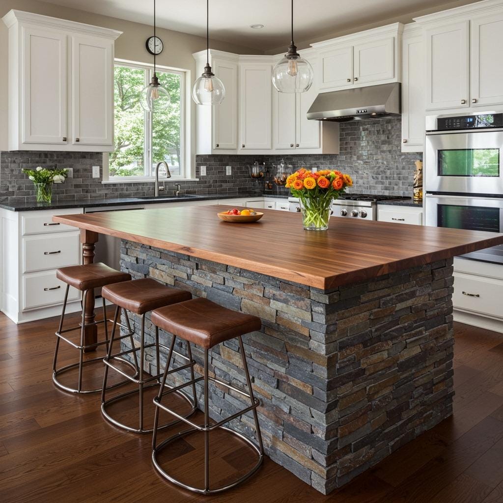 Stacked Stone Island Base with Walnut Countertop