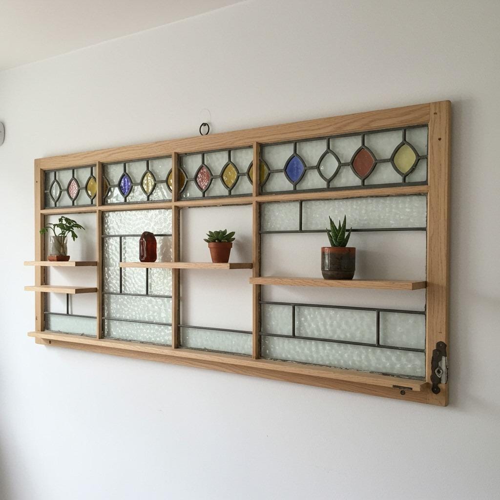 Stained Glass Window Frame Repurposed as Shelving