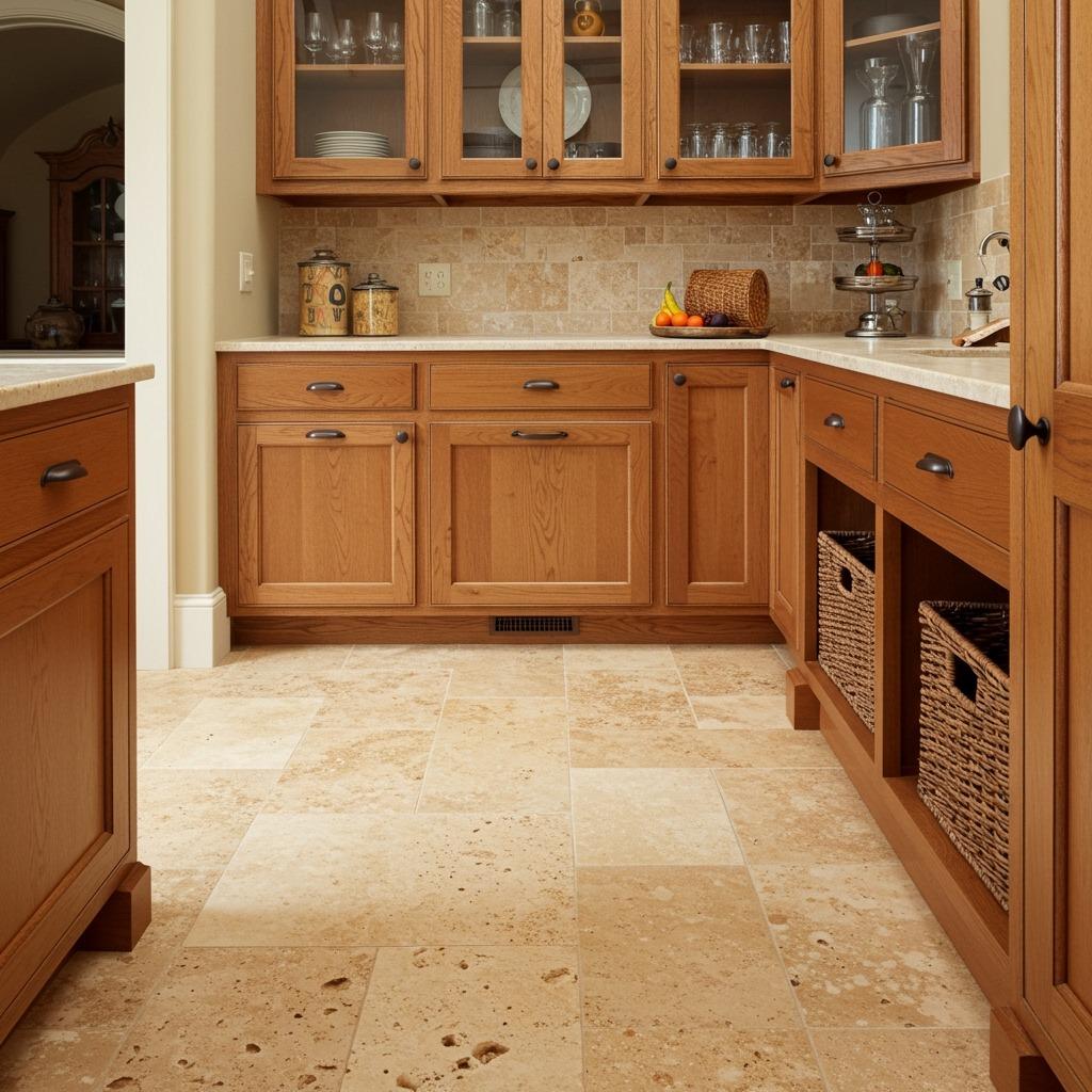 Travertine Floors with Exposed Wood Cabinets
